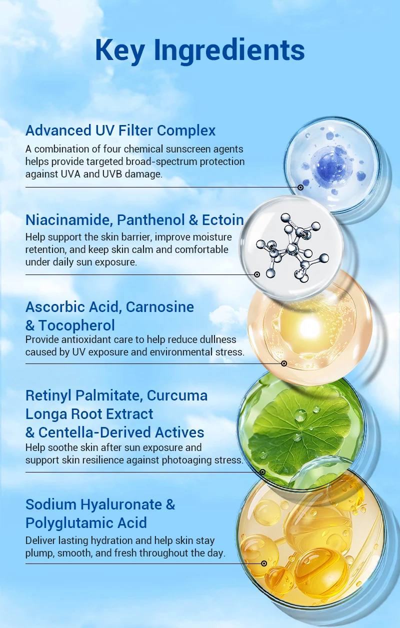 Infographic detailing key skincare ingredients, including Advanced UV Filter Complex, Niacinamide, Panthenol, Ectoin, and more, with explanations and visuals.
